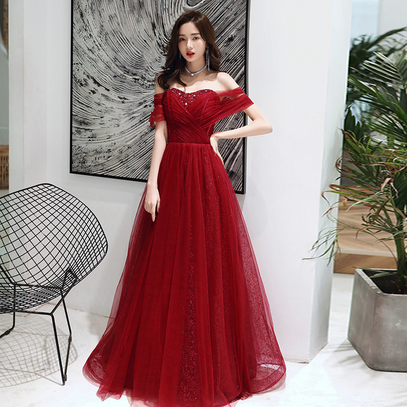 Dark Red Cross Back Tulle Long Formal Dress, Dark Red Evening Dress Prom Dress main image 1