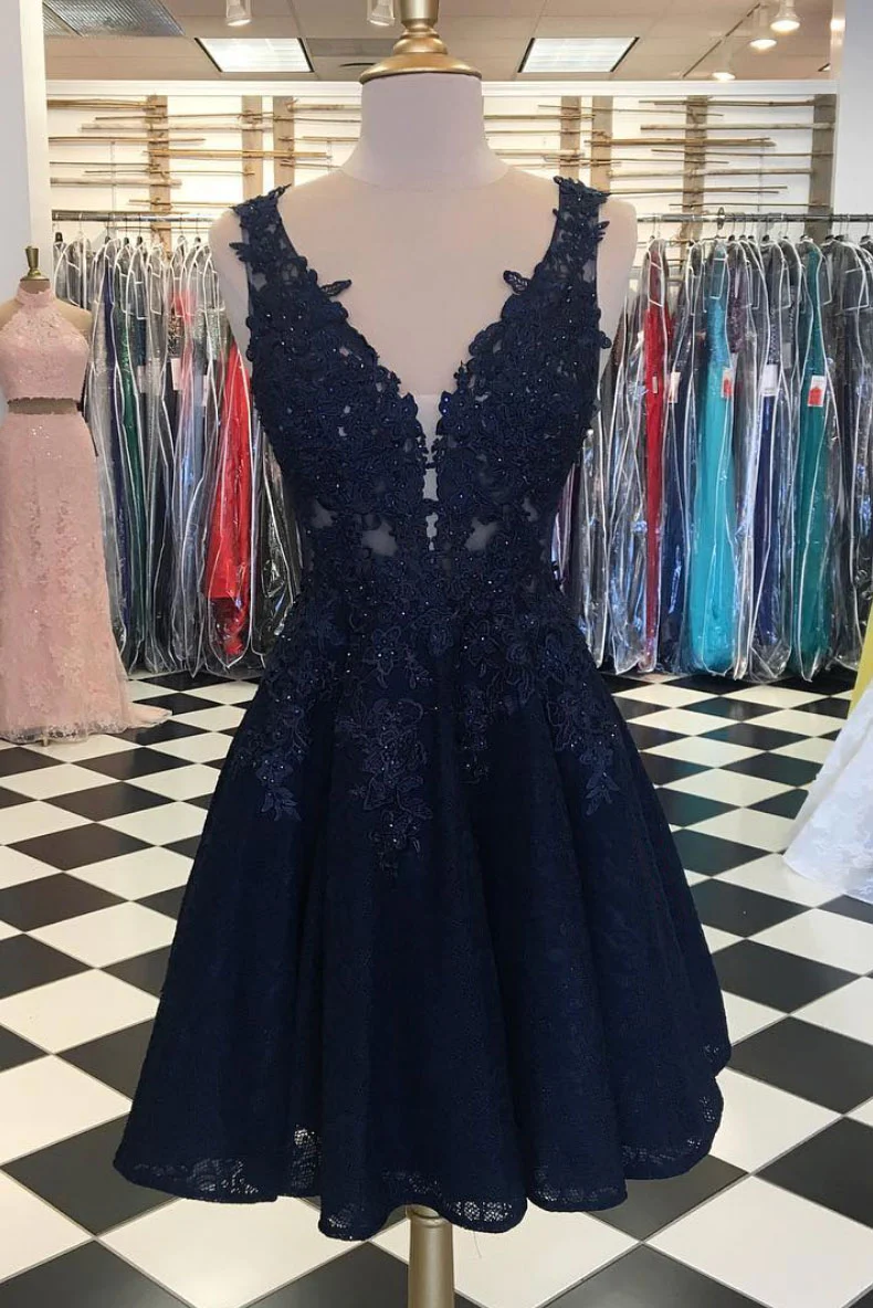 Navy Blue Tulle with Lace Sweetheart Straps Homecoming Dress, Navy Blue Short Prom Dress main image 1