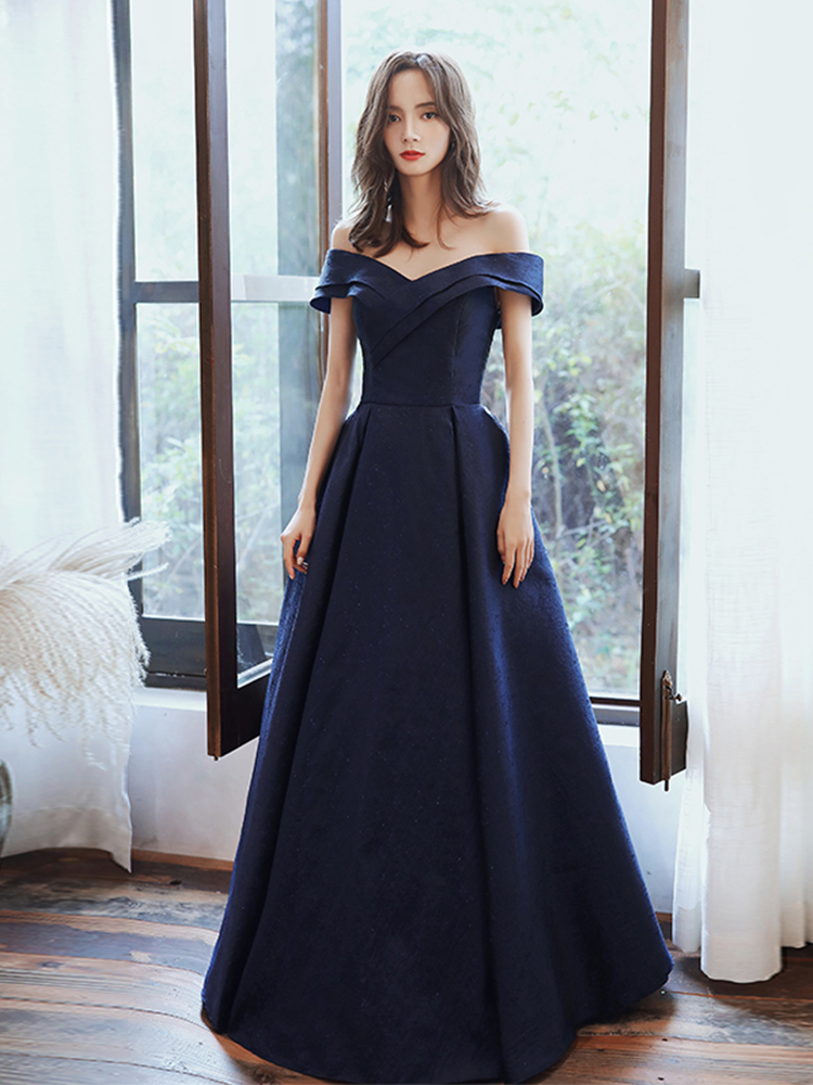 Navy Blue Satin Off Shoulder Long Party Dress Evening Dress Sweetheart ...