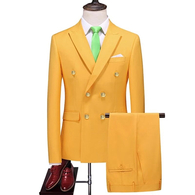 Amazing Yellow Striped Double Breasted Custom Suit For Prom