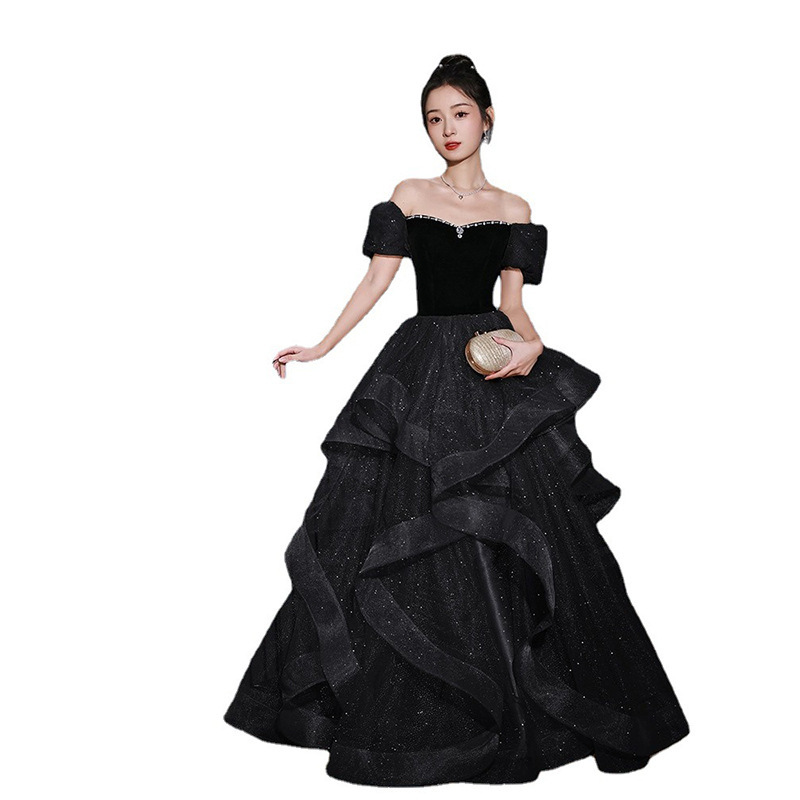 Elegant Off-the-Shoulder Black Prom Dress With Pearls