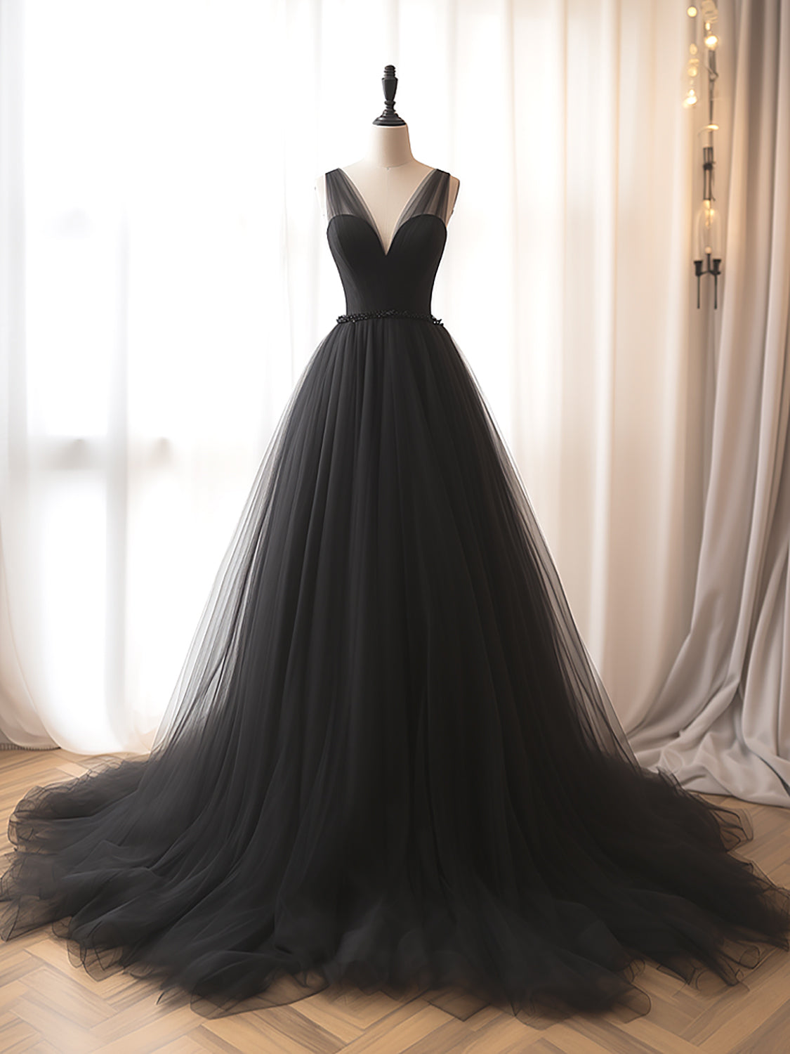 Black A-Line Deep V Neck Tulle Long Prom Dress,DP1403 main image 0