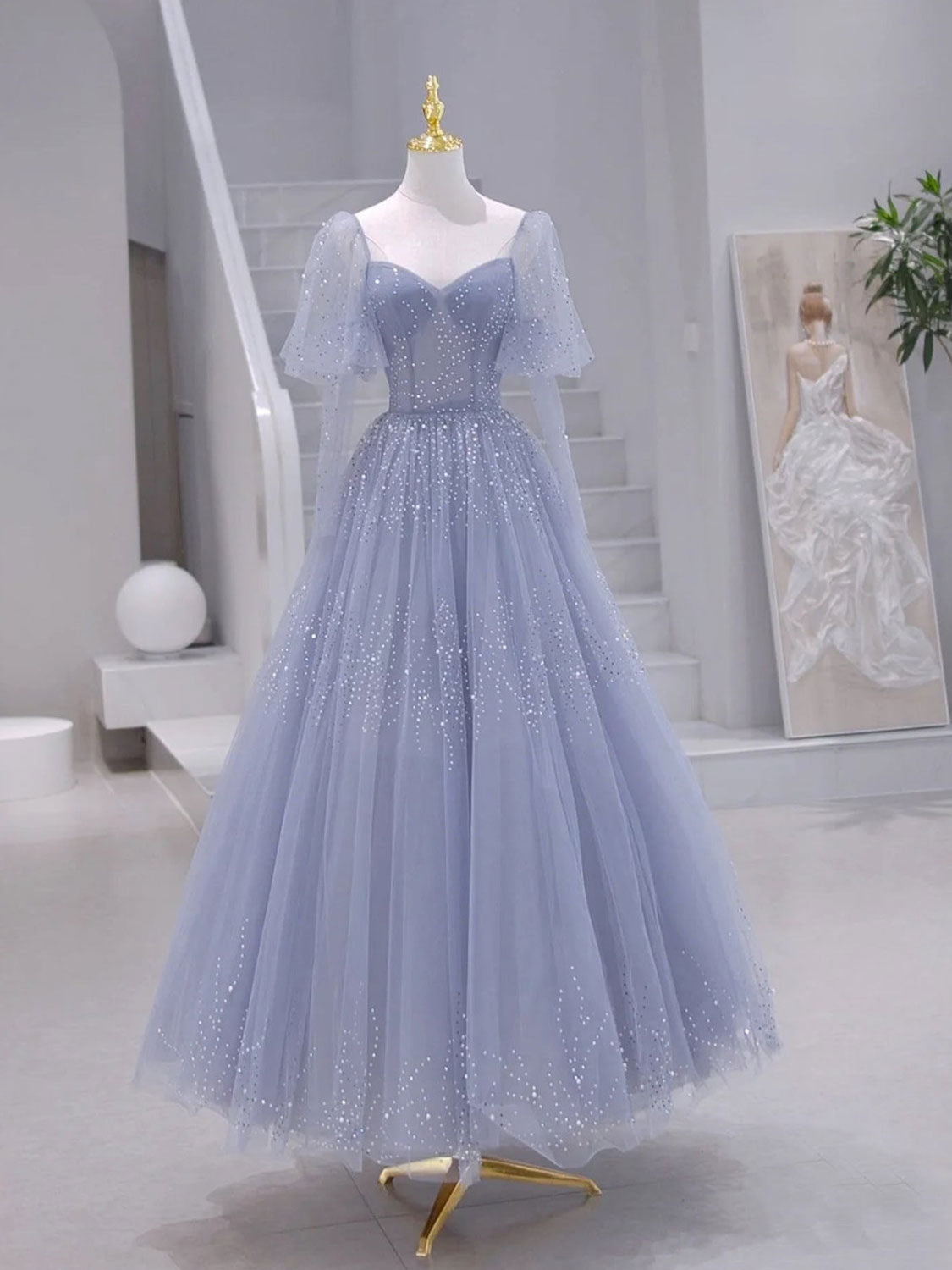 A-line Long Sleeves Beading Blue Long Prom Dress Formal Dress Sa2083 on ...