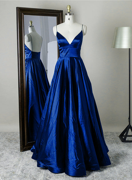 Princess V-neck Maxi Satin Dresses with Pockets Royal Blue