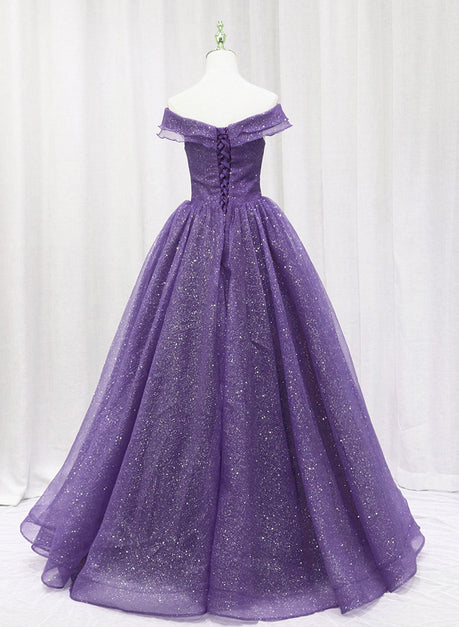 Off the Shoulder Purple A-line Tulle Sweetheart Long Prom Formal Dress main image 0
