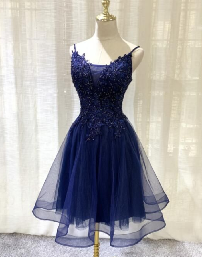Navy Blue V-neckline Knee Length Party Dress Homecoming Dress, Navy Blue Short Prom Dress main image 1