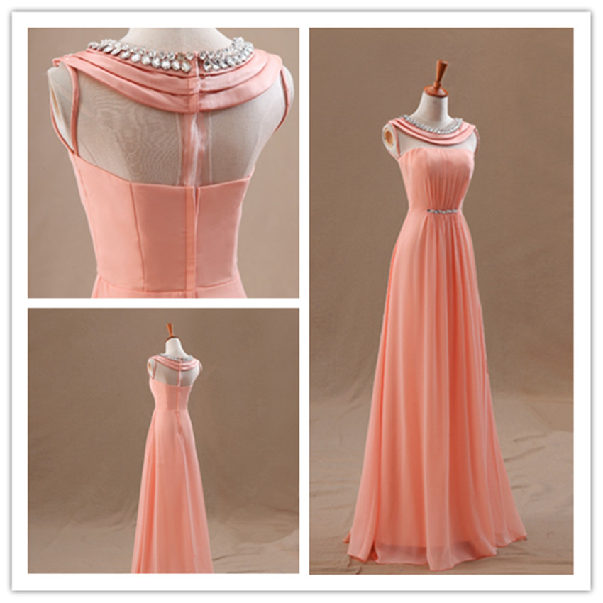 2015 Fashion A Line Chiffon Beaded Prom Dresses Lace Up Evening Dress