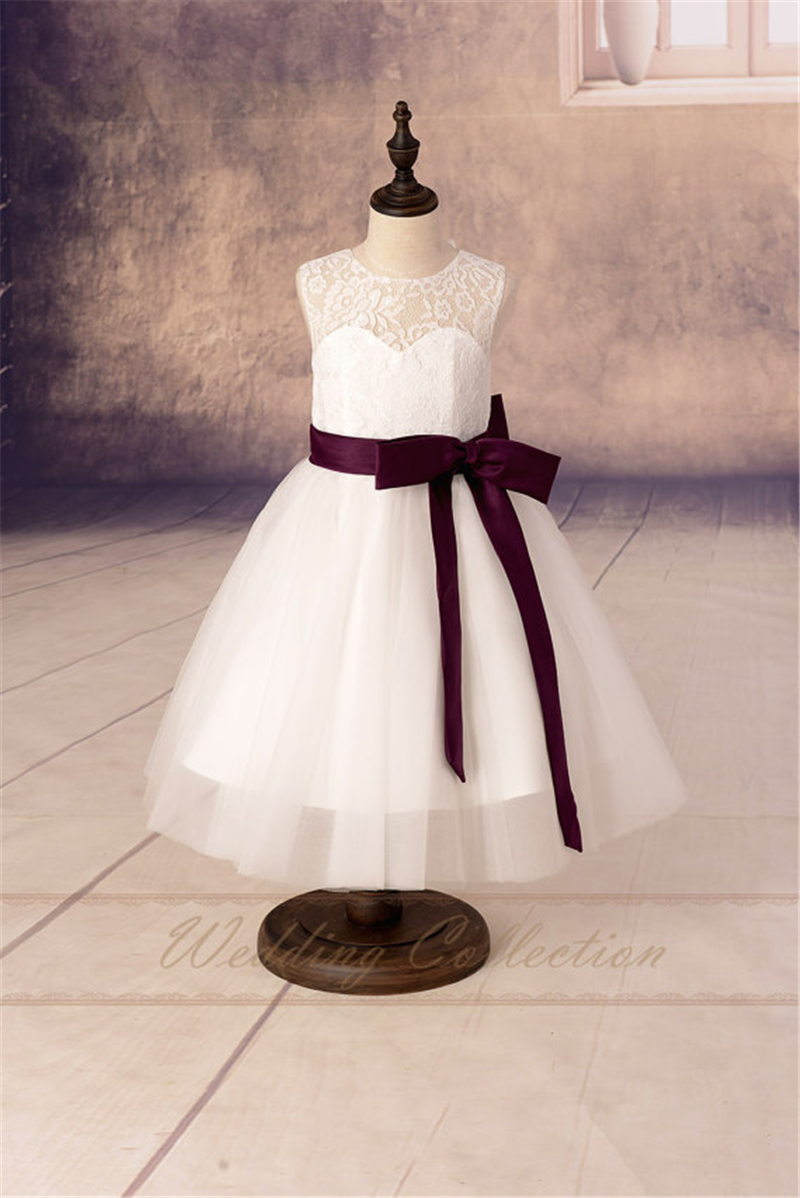 White/ivory Flower Girls Dresses,flower Girl Dress With Burgundy Sash